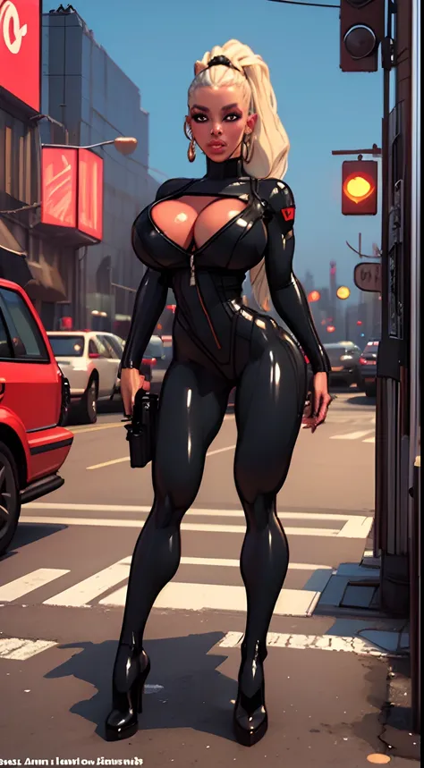 Modern simulation，cyberpunk-style environment wide angle shooting，Nighttime chaotic arcade shots; A woman in street clothes;Sci-fi, 3D. Environmental arcade art.，cyber punk perssonage，Firearms, gigantic breasts, slender abs, detailed face, beautiful, ((puf...