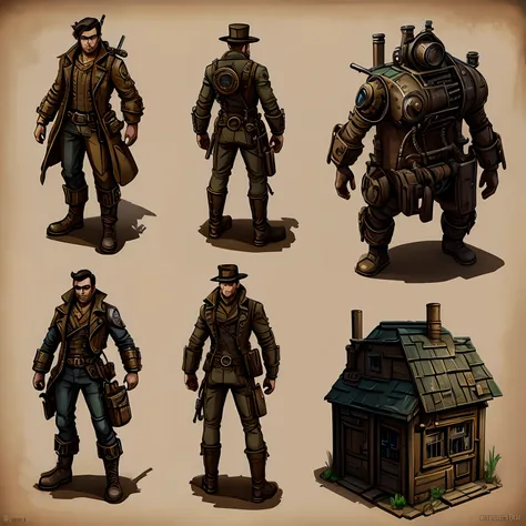 Fallout style and steampunk, 2D-приключенческая игра Sprite Sheet Buildings и NPC, top down view, close up, No backstory