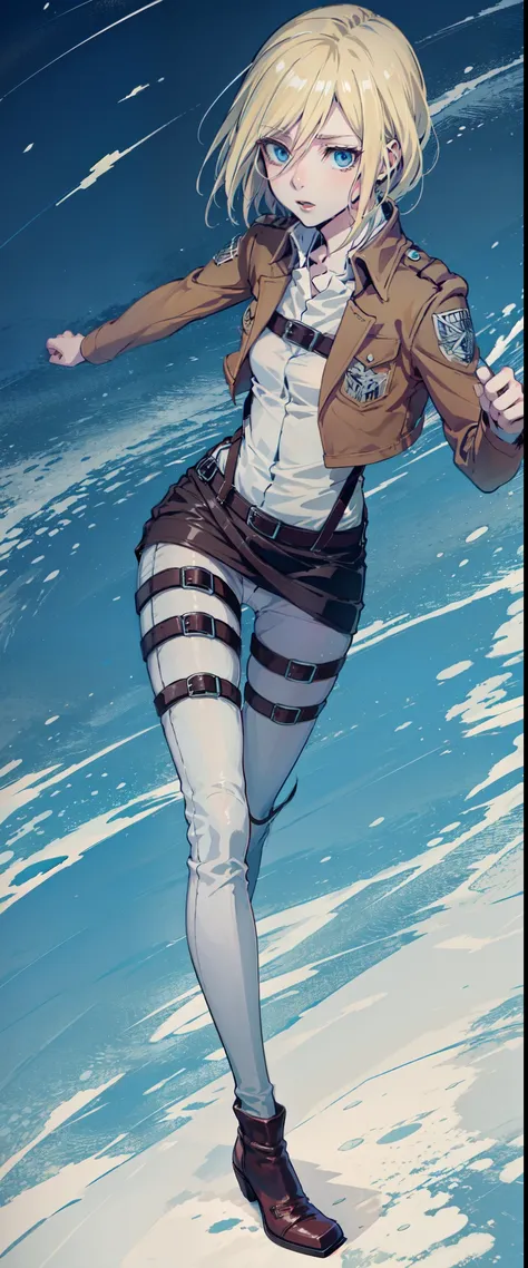 christa renz, blue eyes, blonde hair, short hair,  slim legs, cleavage, slim waist, narrow waist, attack on titan, happy, short ...