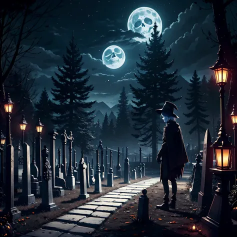 Representa a Jack Skellington, el Rey Calabaza, con su traje de esmoquin a rayas en medio de un retorcido, Gothic setting. Jack se encuentra en un cementerio oscuro cubierto de niebla, con alto, Thin tombstones slanted at odd angles. La luna llena brilla c...