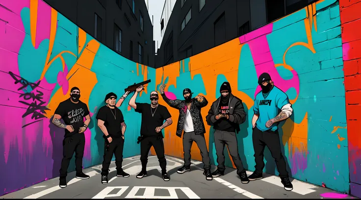 Graffiti style artwork of Chicano gang members holding guns. The vibrant colors and bold lines bring an edgy and urban feel to the image. The gang members are depicted in a powerful and confident stance, showcasing their strength and unity. The graffiti ba...