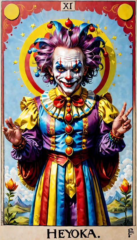 tarot card of ("the heyoka") - sacred clown, indigenous wisdom, trickster archetype, colorful attire, playful expression, spirit...