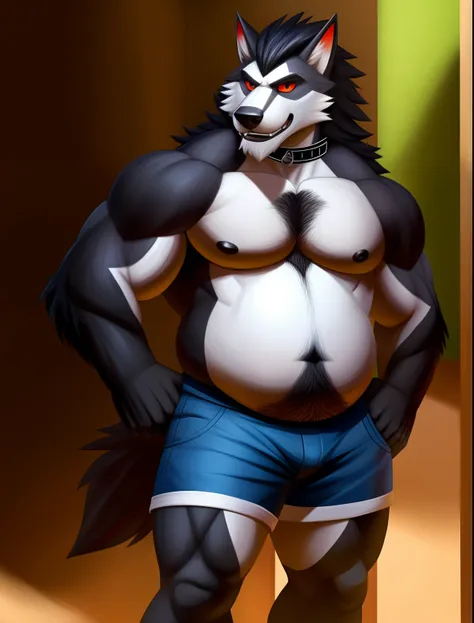 anthro (lobo negro), macho, adulto, , shorts, mirando al espectador, (pelaje realista, piel, textura de piel realista:1), antece...