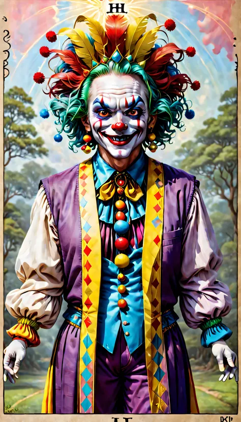 tarot card of ("the heyoka") - sacred clown, indigenous wisdom, trickster archetype, colorful attire, playful expression, spirit...