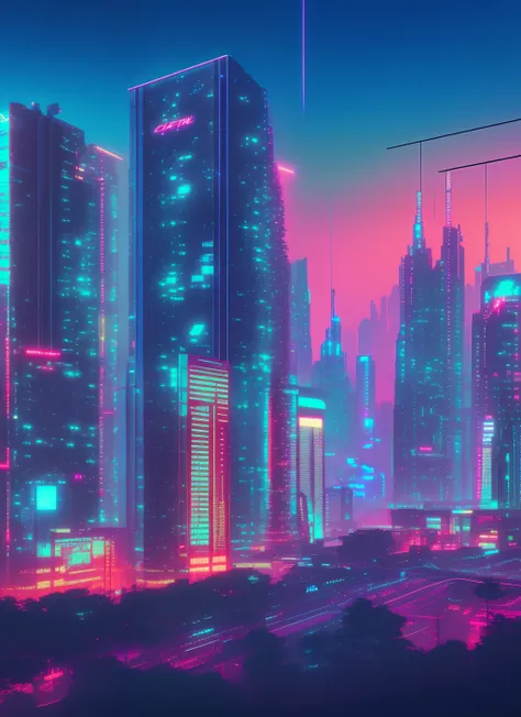 cyberpunkcity　neon color　blue hairs　8K bright precision rendering　Nightfall sky　Synth Wave