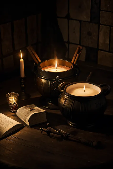 Create an image with a magical table filled with witchy items such as colorful candles, cauldron, wand, potion bottles and tarot cards. Add a soft light filter to create a mystical atmosphere, cauldron