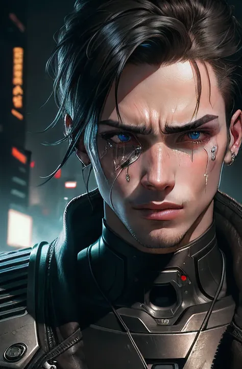 A Mechanical Sexy Cyberpunk Boy Detail of Face Crying All Over Body