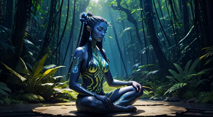 Avatar Navi alien girl, Pandora tropical forest, black universe galaxy skin, hyper realistic, meditation, kundalini, ancient source energy, sun, flowers of all colors and shapes, cross-legged sitting, closed eyes