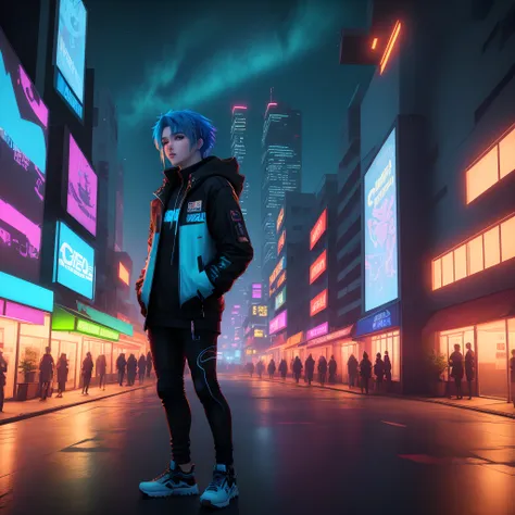 cyberpunkcity　neon color　Blue-haired YouTuber　8K bright precision rendering　Nightfall sky　Synth Wave