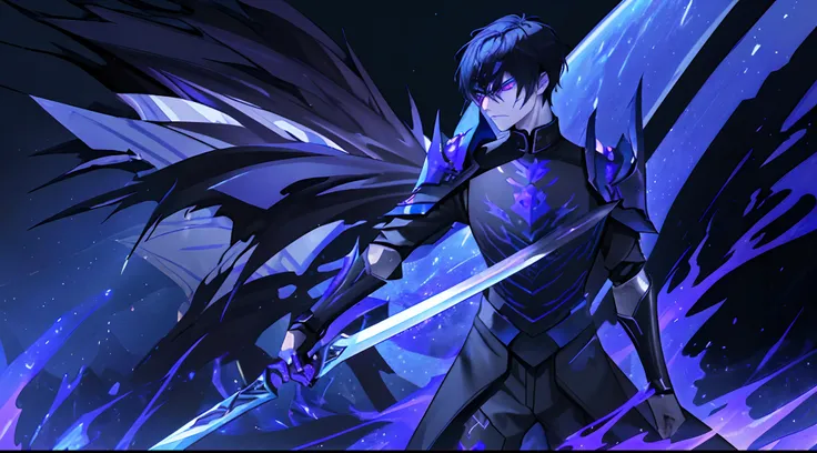 Asian Human with blue eyes and black haired, wearing purple armor fighting a demon-like human with dark aura and purple eyes Male with black armor , Full body, Cinematic shot , 8k Quality , weilding greatsword, clashing swords, sword clinging duel,badass, ...