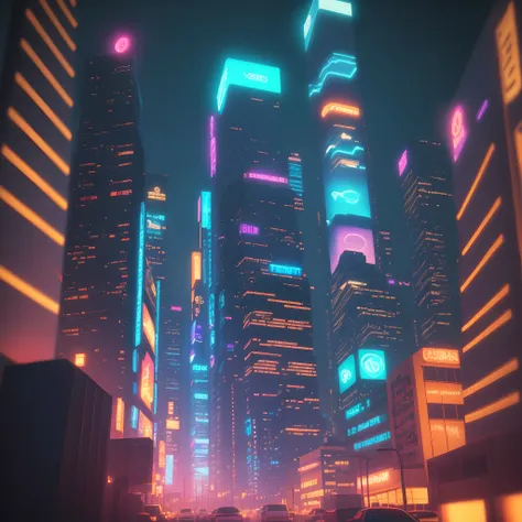 cyberpunkcity　neon color　Blue-haired YouTuber　8K bright precision rendering　Nightfall sky　Synth Wave