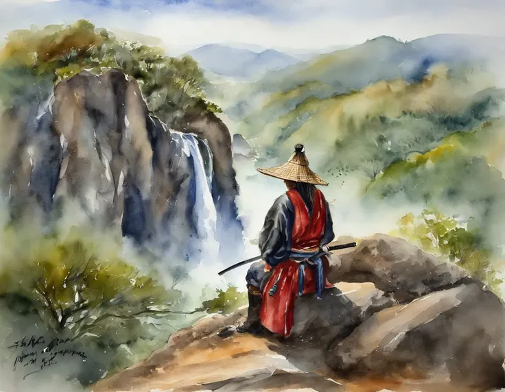 (um SAMURAI,behind,Standing on a mountain,Imagem de,cachoeira e rio,de volta voltada para os telespectadores,Folha de outono voando)(fotorrealista,ultra-detalhado)