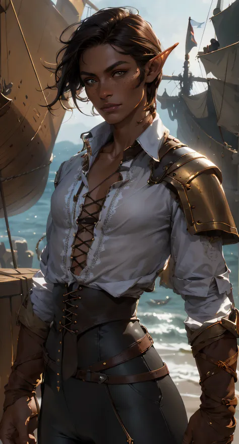 fentezi, pirates, Ship, The sea, Tanned elf with freckles, amber eyes, Short tousled dark hair, little chest, A scar on the cheekbone, plain white shirt, black leather pants, high boots, Around her neck is a golden stone, Behind her is a large greatsword, ...