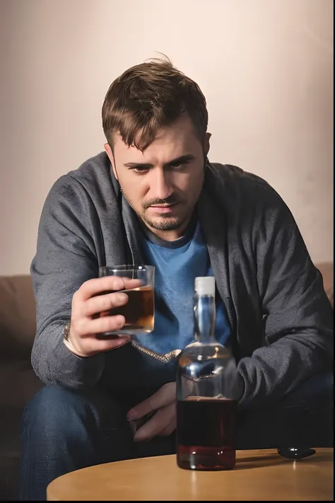 Man sitting on a sofa holding a glass of alcohol, bottles of alcohol next to him, portrait of an alcoholic, sky high level of alcoholism, drinking alcohol, drinking whiskey, Homem na casa dos 30 anos, alcohol, drink a glass of whiskey, beber e fumar, addic...