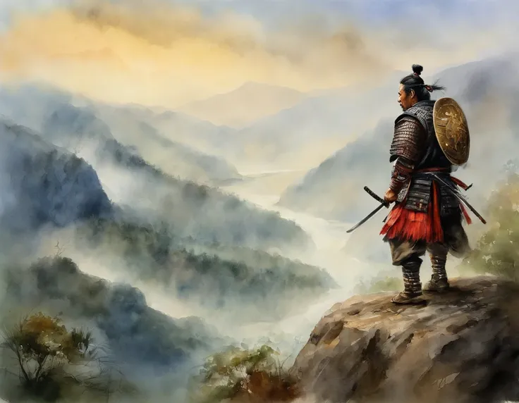 (um SAMURAI,behind,Standing on a mountain,Imagem de,cachoeira e rio,de volta voltada para os telespectadores,Folha de outono voando)(fotorrealista,ultra-detalhado)