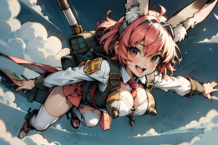 a sticker、​masterpiece、top-quality、hight resolution、8K、full body Esbian、1 rabbit girl、((Big ears in rabbits))、soldier、Army camouflage uniform、Parachute troops、short-hair、A pink-haired、Colossal tits、cleavage of the breast、Jump from an empty helicopter、Falli...