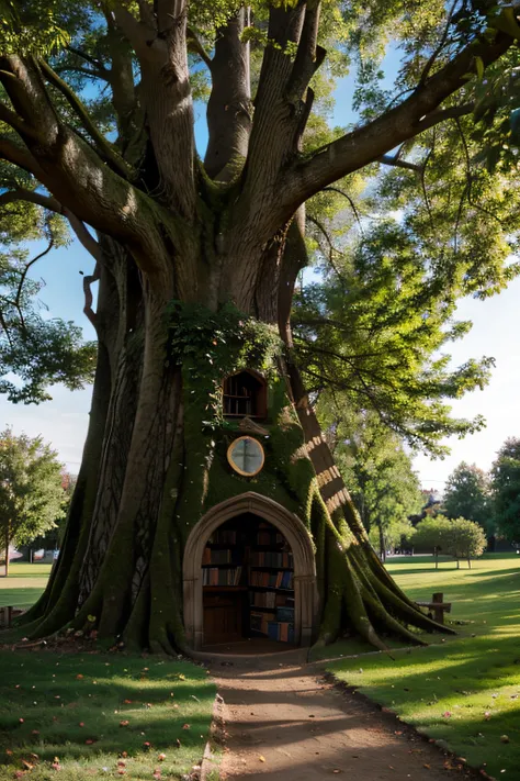 a magical library inside a tree