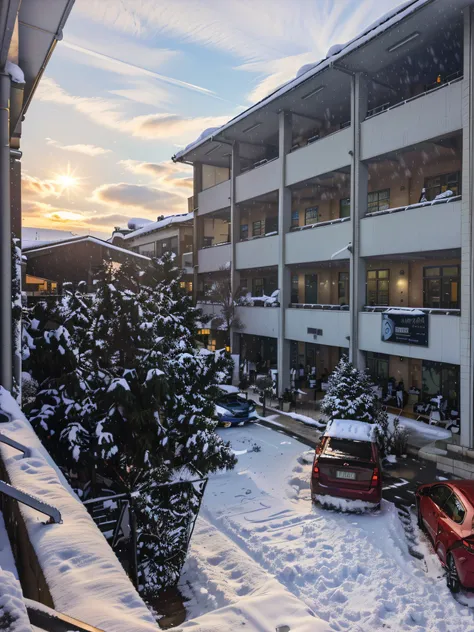 cars parked in a parking lot in front of a building, outside view, hospital in background, school courtyard, front view, front side view, view from front, exterior view, mid-view, seen from outside, side view from afar, front-view, centre image, frontview,...