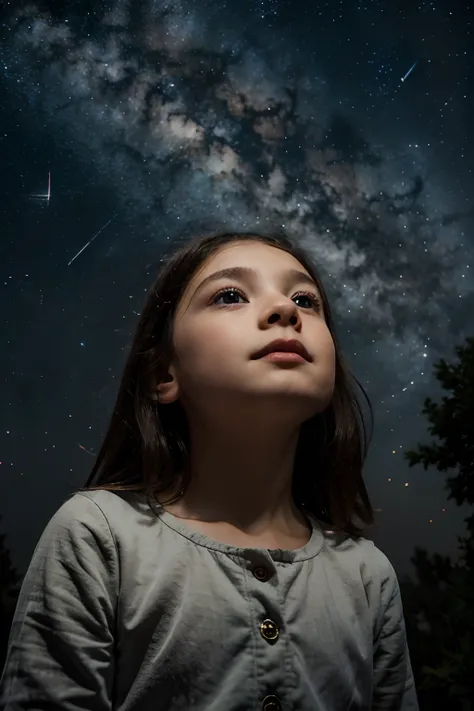 An image of a little girl looking up at the starry sky, with eyes full of wonder and fascination