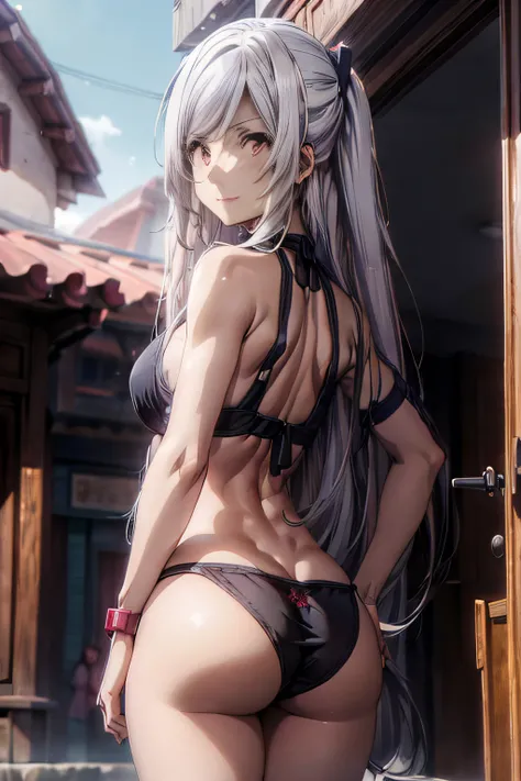 (((Alexia Midgar))), silver hair, red eyes, sly look, smiling, 4k resolution, masterpiece, cinematic, sharp focus, ray tracing, intricate details, perfect anatomy, (((Average breasts))) (((huge ass))) beautiful and cute lady, wearing only black mini bikini...