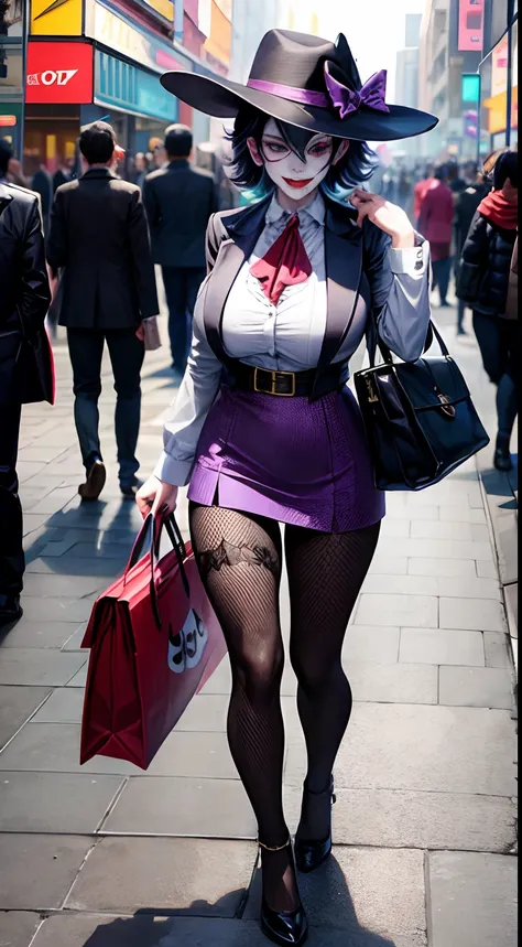 joker dressed as a woman wearing hat and having a bag, full body shot, on the crowded street, giga_busty