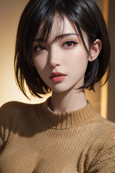 (masterpiece:1.3), (8k, photorealistic, RAW photo, best quality: 1.4), (1girl), beautiful face, (realistic face), (black hair, short hair:1.3), beautiful hairstyle, realistic eyes, beautiful detailed eyes, (realistic skin), beautiful skin, (sweater), absur...