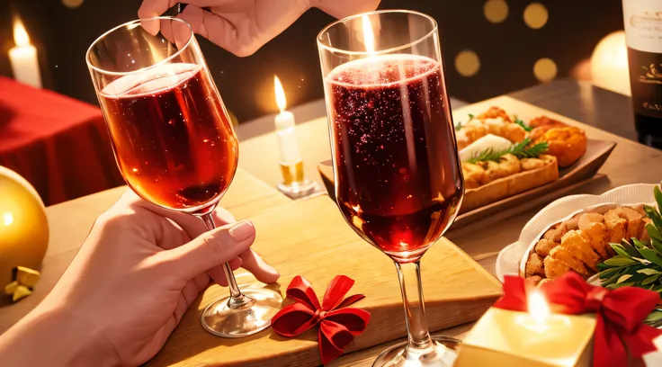 holidays, drinks and celebration concept - close up of hands toasting wine glasses at dinner party on christmas at home