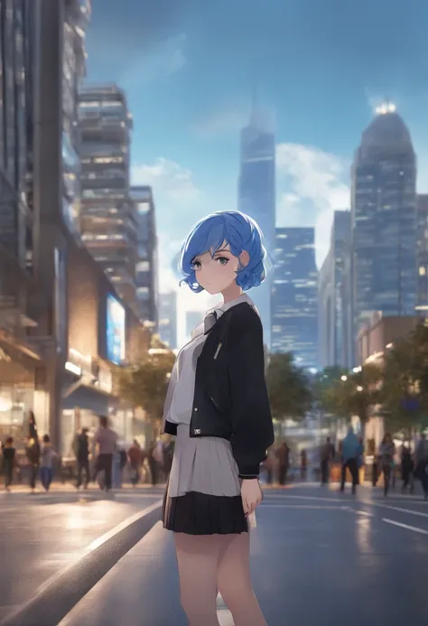 1girl in, Black_Skirt, Blue_hair, building, city, Cityscape, hair_Bland_Eyes, Jacket, up looking_で_viewer, Medium_hair, Multicolored_hair, multiple_Boys, Night, Off_Shoulder, Outdoors, pleats_Skirt, mountain road, Shirt, Skirt, Skyscraper, Smile, Solo_Focu...