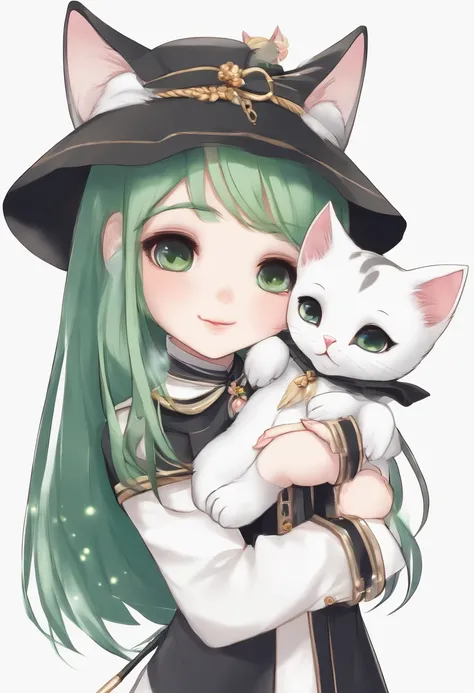 expert black angel Halloween chibi smiling girl with straight long Leaf Green hair, with a white cat nestled in her embrace, characterized by its glistening eyes, sharp ears, tiny snout, and lean form, is enveloped in silky white fur, its pink paws are nea...