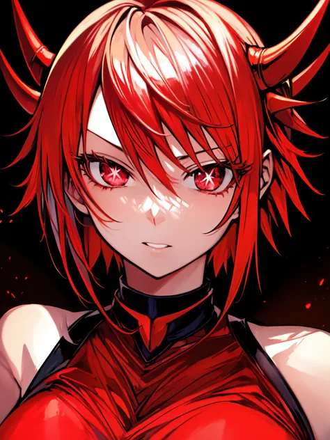 ruteko_(ruko220), ((spiked hair)), ((monster girl)), two horns, ((red hair)), ((short hair)), ((star-shaped pupils), bright red ...