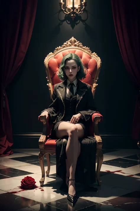 Create a photorealistic 8K Dracula tribute full-body photo of a stunning young vampire woman with dark green hair, wearing a black coat and ruffled shirt with a high collar. Shes seated on a bone chair in a dark fantasy setting with a blood-covered marble ...