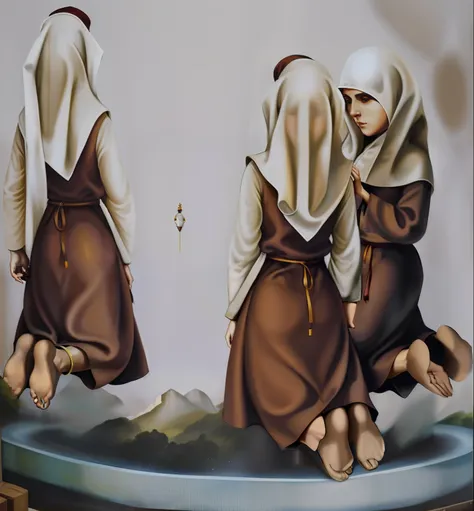 pintura de duas mulheres em vestidos marrons em uma parede, levitating twin nuns, two hovering twin nuns, biblical clothing, dir...