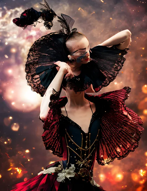 A headless steampunk ballerina with a red and black long tu-tu, leaving destruction and its wake