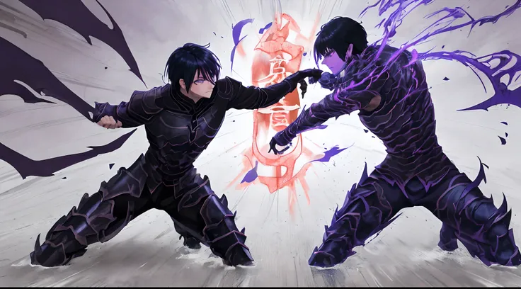 Asian Human with blue eyes and black haired fighting a demon-like human with dark aura and purple eyes Male , Full body, Cinematic shot , 8k Quality , weilding greatsword, wearing black iron armor, black hair anime, best quality