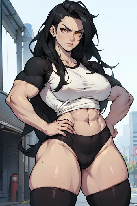 (((1girl muscular))) black hair very long hair yellow eyes pale skin angry tight shirt (thick thighs wide hips perky breasts)