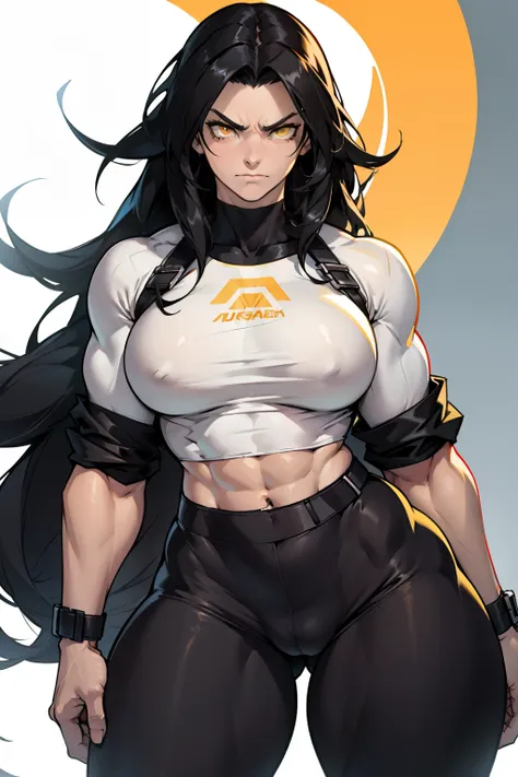 (((1girl muscular))) black hair very long hair yellow eyes pale skin angry tight shirt (thick thighs wide hips perky breasts)