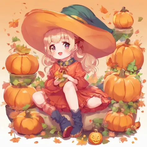 anime girl sitting on a pumpkin with a cat and a witch, halloween art style, trick or treat, halloween celebration, ❤🔥🍄🌪, halloween, loli, splash art anime loli, halloween theme, 🍂 cute, halloween night, in a halloween style, witch fairytale, zerochan art,...