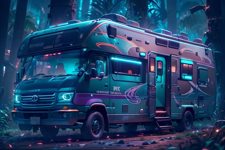 cyberpunk style motorhome image, blue and purple neon signage，abstract graffiti on motorhome, in the jungle，(8k, awardwinning, b...