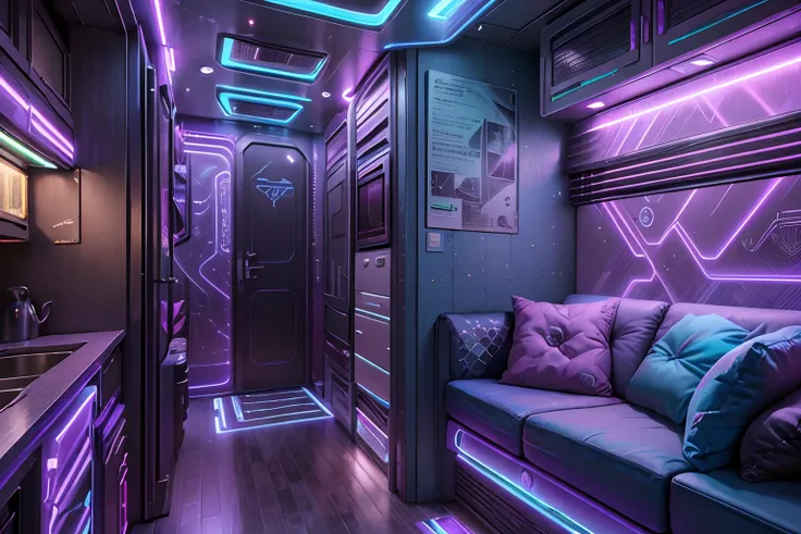 cyberpunk style motorhome image, blue and purple neon signage，abstract graffiti on motorhome, in the jungle，(8k, awardwinning, b...