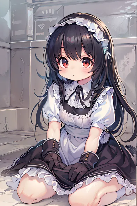 Black longhair loli, wearing a maid outfit, Kneeling, Cute 2D, backgroundbacklitHD 、Ultramammy、bbw