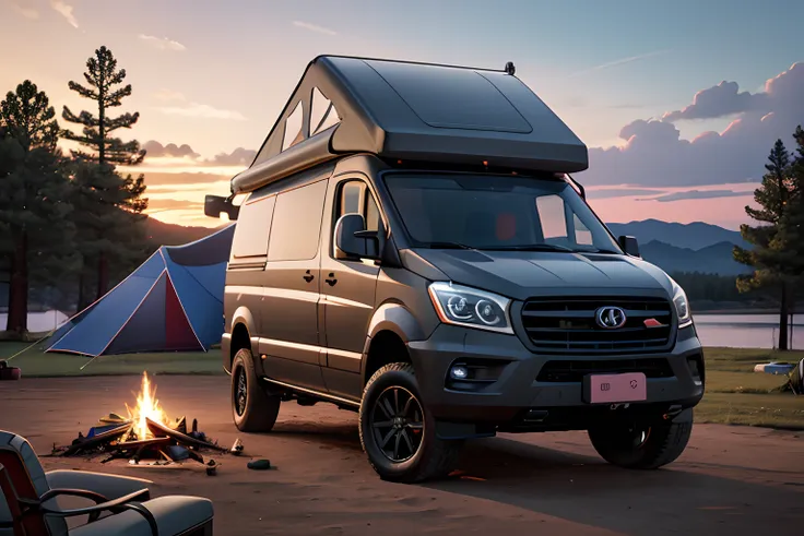 RV，An RV，Campervan,Solo, (1 girl:1.4), Solo,Tarp tent,bonfires,Volumetric lighting BREAK（tmasterpiece：1.2），（best qualtiy），ultra - detailed，（dynamic compositions：1.4），detail-rich，plethora of colors，（Irridescent color：1.2），（with light glowing，Atmospheric lig...