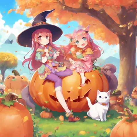 anime girl sitting on a pumpkin with a cat and a witch, halloween art style, trick or treat, halloween celebration, ❤🔥🍄🌪, halloween, loli, splash art anime loli, halloween theme, 🍂 cute, halloween night, in a halloween style, witch fairytale, zerochan art,...