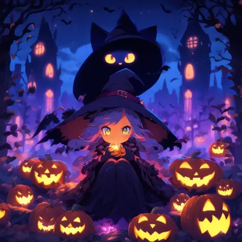 anime girl sitting on a pumpkin with a cat and a witch, halloween art style, trick or treat, halloween celebration, ❤🔥🍄🌪, halloween, loli, splash art anime loli, halloween theme, 🍂 cute, halloween night, in a halloween style, witch fairytale, zerochan art,...