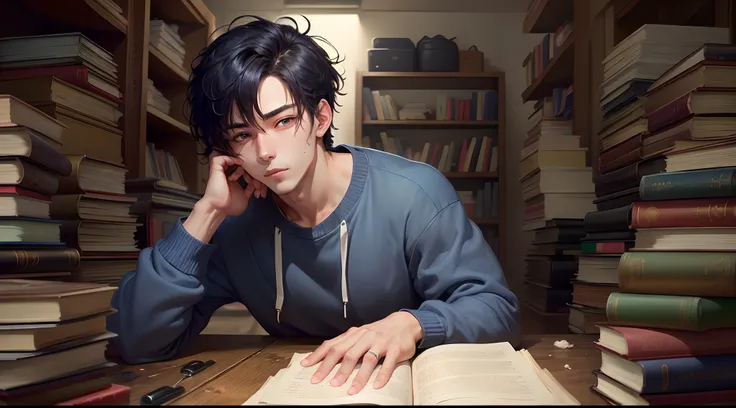 male people、20s、bobhair、unkempt
I cant see in my left eye because of my hair、
Blue eye in right eye
Thick black sweatshirt、Dark hair、The tips of the hair bounce
Sit with your knees on the floor

1 Boy, [Detailed background (Bedroom, Books are cluttered、a l...