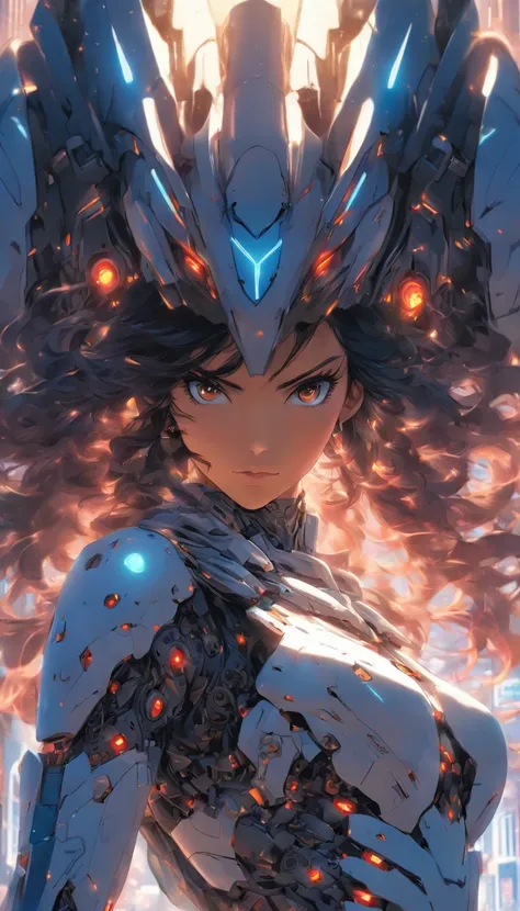 Beautiful tall woman with robotic armor with super realistic and well detailed black hair