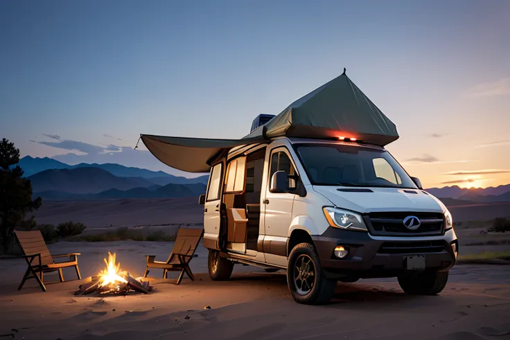 rv，an rv，campervan,solo, (1 girl:1.4), solo,tarp tent,bonfires,volumetric lighting break（tmasterpiece：1.2），（best qualtiy），ultra ...