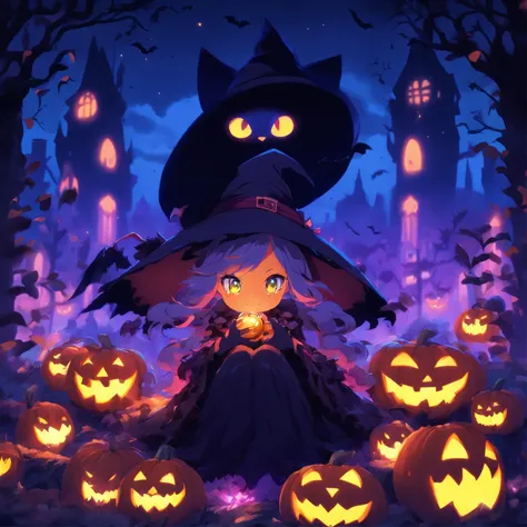 anime girl sitting on a pumpkin with a cat and a witch, halloween art style, trick or treat, halloween celebration, ❤🔥🍄🌪, halloween, loli, splash art anime loli, halloween theme, 🍂 cute, halloween night, in a halloween style, witch fairytale, zerochan art,...