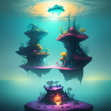 Create a vibrant and imaginative painting that depicts a surreal underwater world filled with floating islands, bioluminescent creatures, and a sense of tranquility.