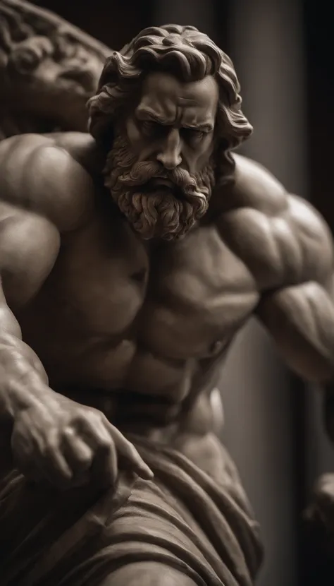 a close up of a statue of a man with a beard, a statue inspired by Exekias, featured on zbrush central, digital art, statue of hercules looking angry, muscular character, realistic 8k bernini sculpture