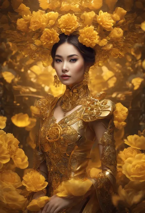 absurderes, A high resolution, Ultra detailed, (thai girll:1.3), Fantasy steampunk costumes , Psychedelic, fractal patterns, geometric figure, Dynamic, Bright colors, (Flowers, petals), (Gold and yellow:1),